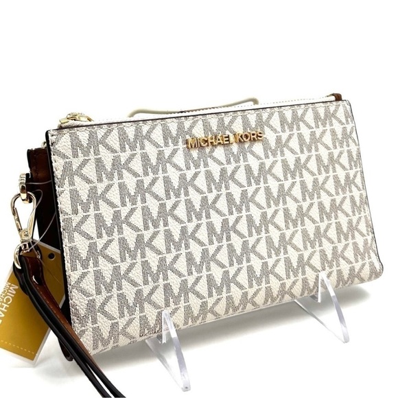 Michael Kors Double Zip Wallet Wristlet Vanilla/Brown Leather - Picture 1 of 7